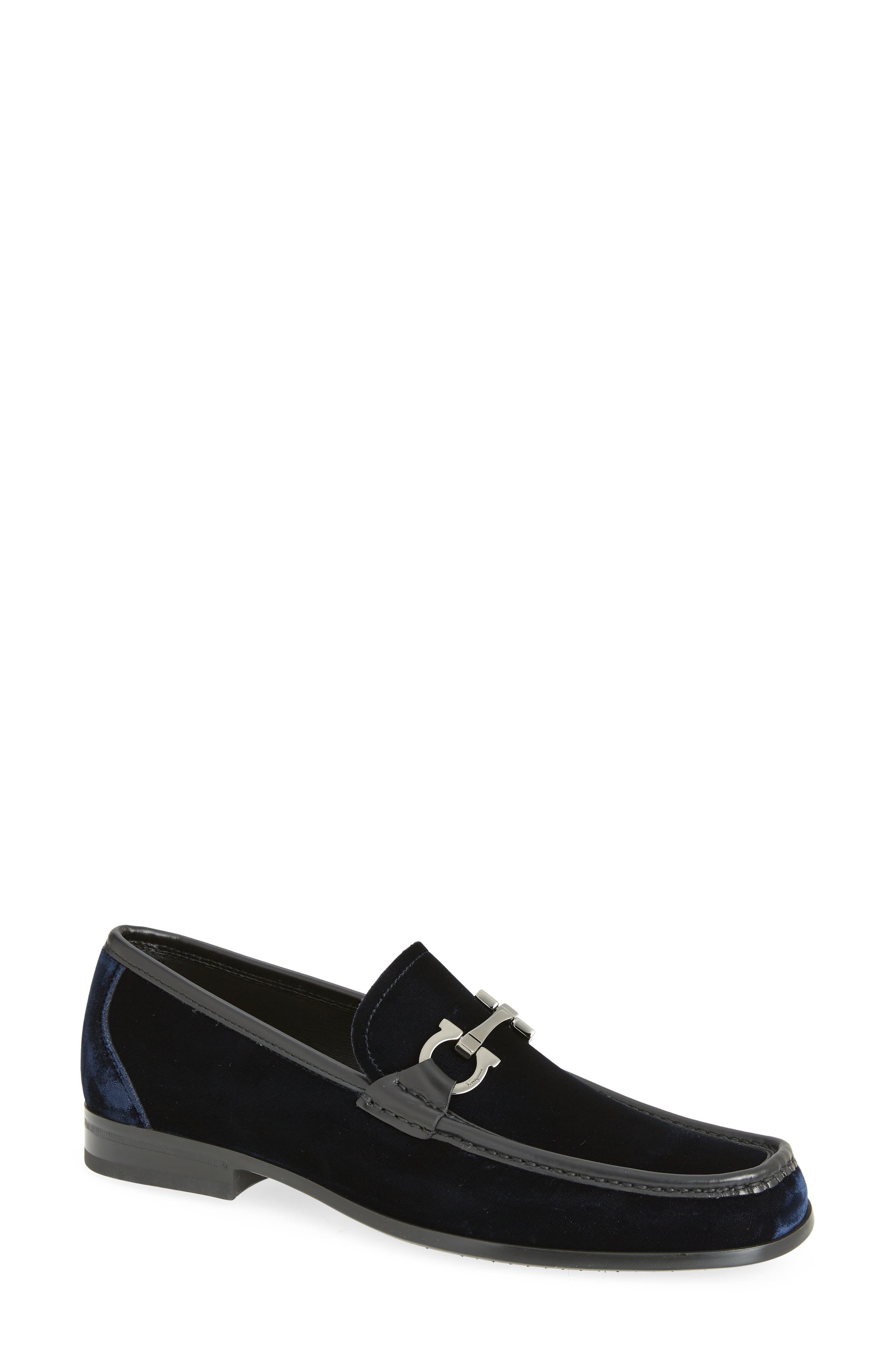 Gandioso Blue Velvet Moccasin with Gancio Ornament, Main, color, NAVY/ NERO