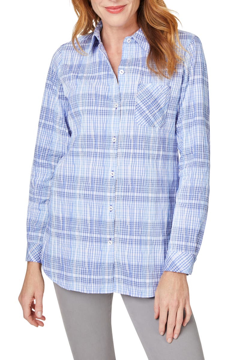 Foxcroft Germaine Plaid Non-Iron Button-Up Tunic Shirt, Main, color, Iris Bloom
