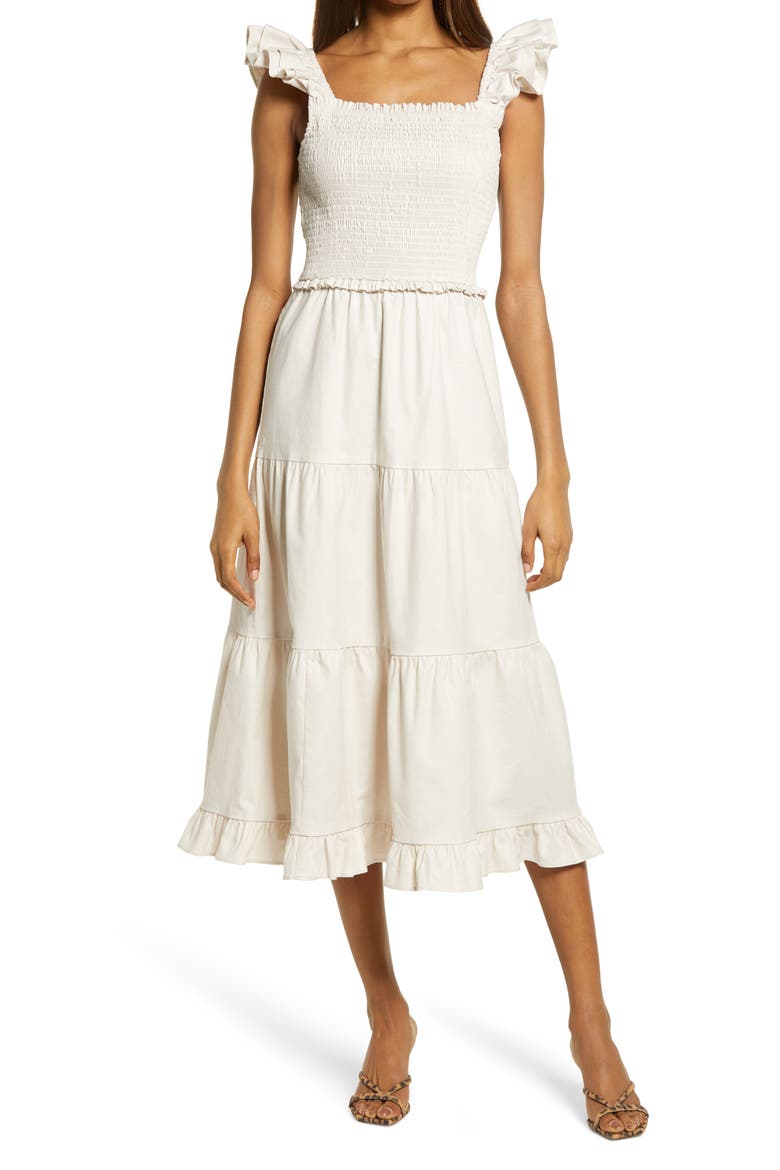 Smocked Bodice Linen Blend Sundress, Main, color, BEIGE FADED