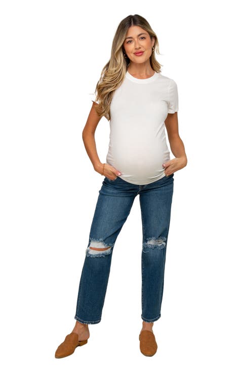 Distressed Open Knee Cropped Maternity Straight Leg Jeans