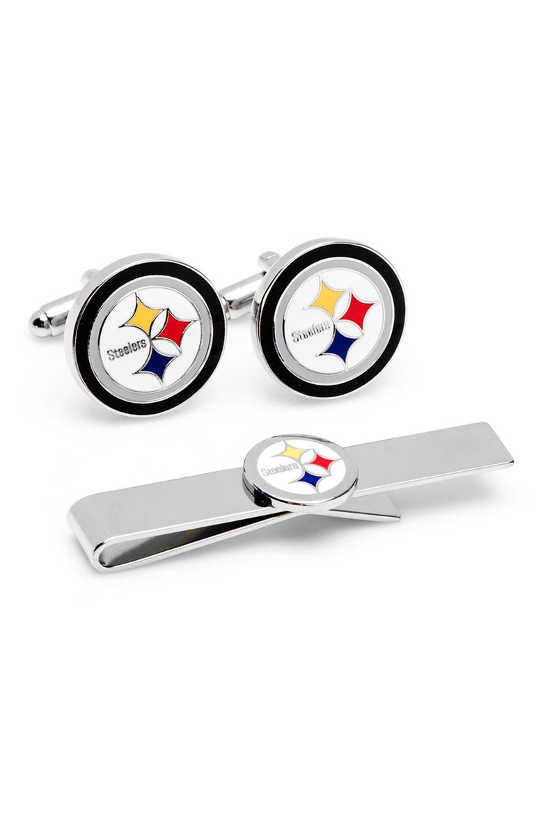 NFL Pittsburgh Steelers Cuff Links and Tie Bar Gift Set, Main, color, BLACK