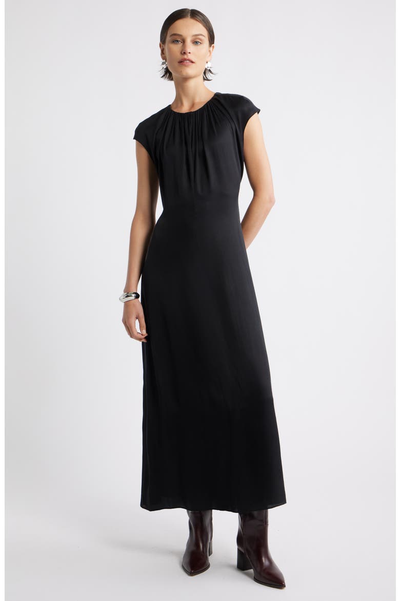 Shirred Cap Sleeve A-Line Dress, Main, color, BLACK