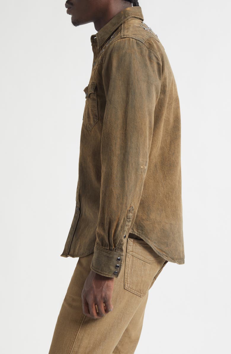 Double RL Buffalo West Slim Fit Studded Denim Western Snap-Up Shirt, Alternate, color, Distressed Brown Wash