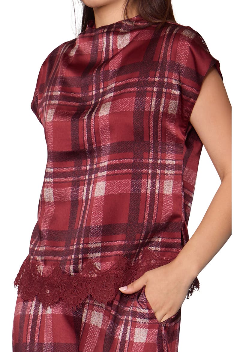 Plaid Cap Sleeve Lace Trim Satin Top, Alternate, color, MAROON PLAID
