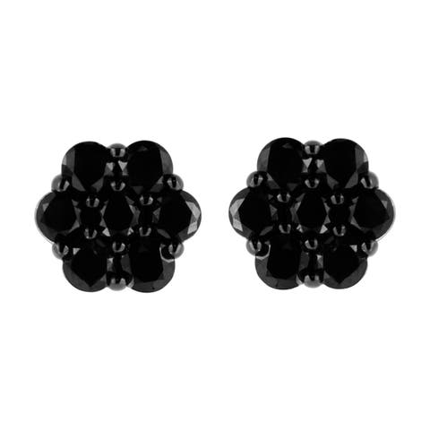 Silver 4.0 Ct Prong Round Black Diamond Floral Cluster Stud Earring