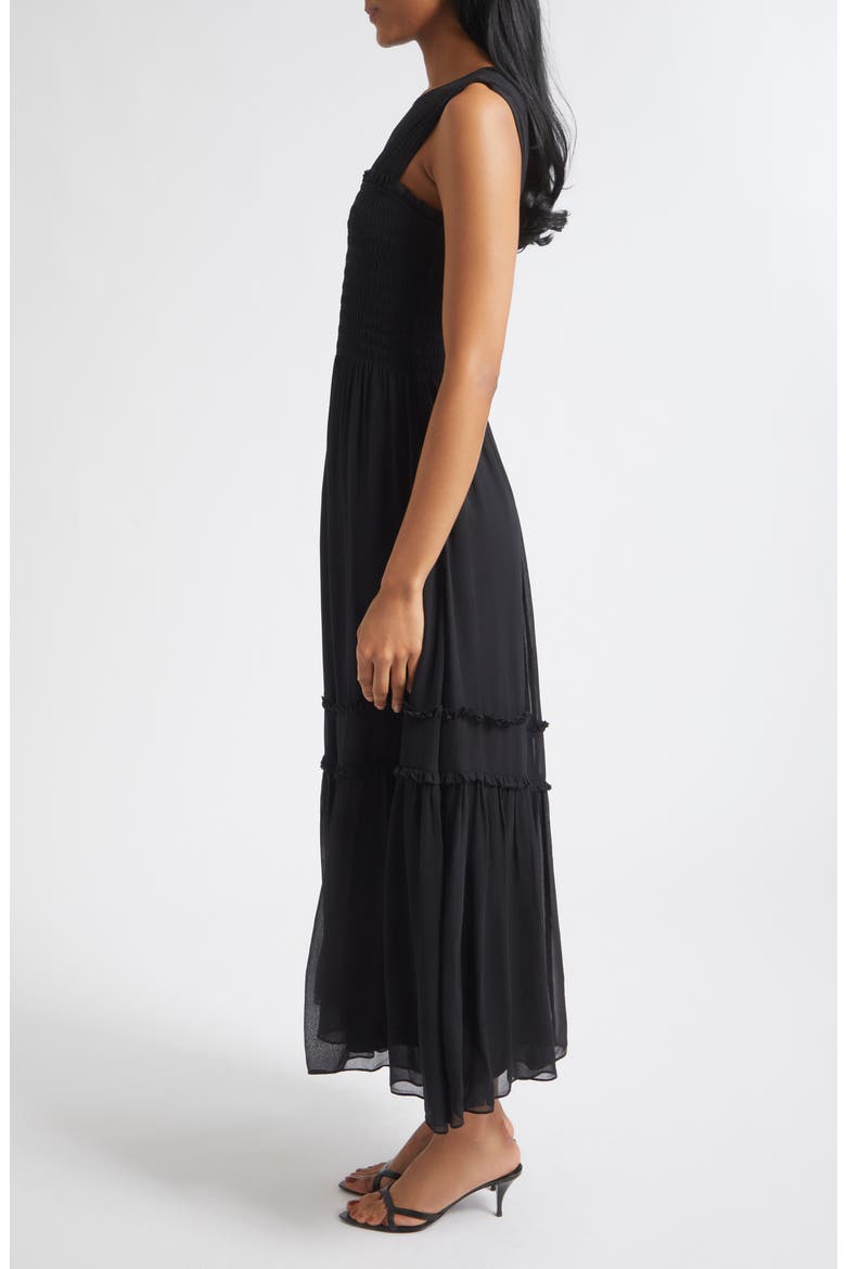 Mila Smocked Silk Midi Dress, Alternate, color, BLACK
