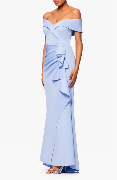 Xscape Evenings Ruffle Off The Shoulder Scuba Gown In Periwinkle