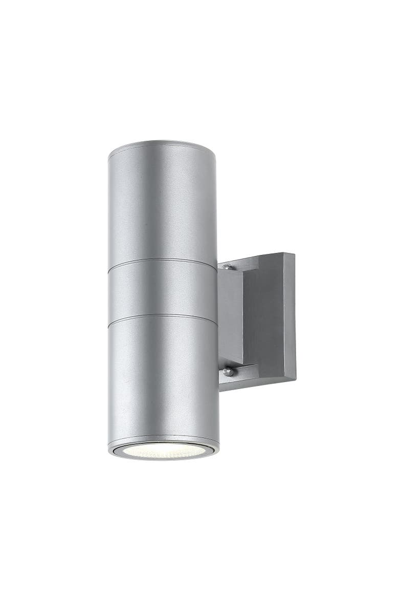 Duo 2-Light Modern Midcentury Cylinder Outdoor Metal/Glass Integrated LED Sconce with Uplight, Main, color, Silver