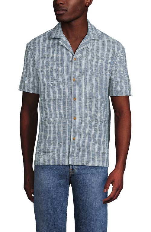 Lands' End Short Sleeve Textured Jacquard Camp Collar Shirt In Blue