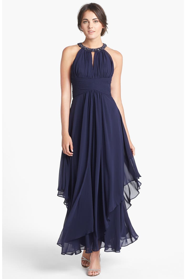 Embellished Tiered Chiffon Halter Gown, Main, color, MIDNIGHT NAVY