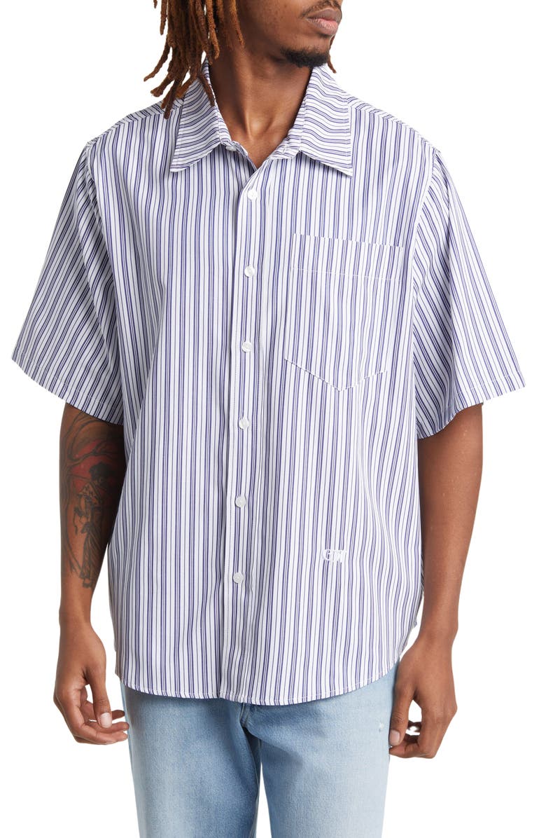 CHECKS Stripe Boxy Fit Short Sleeve Button-Up Shirt, Main, color,