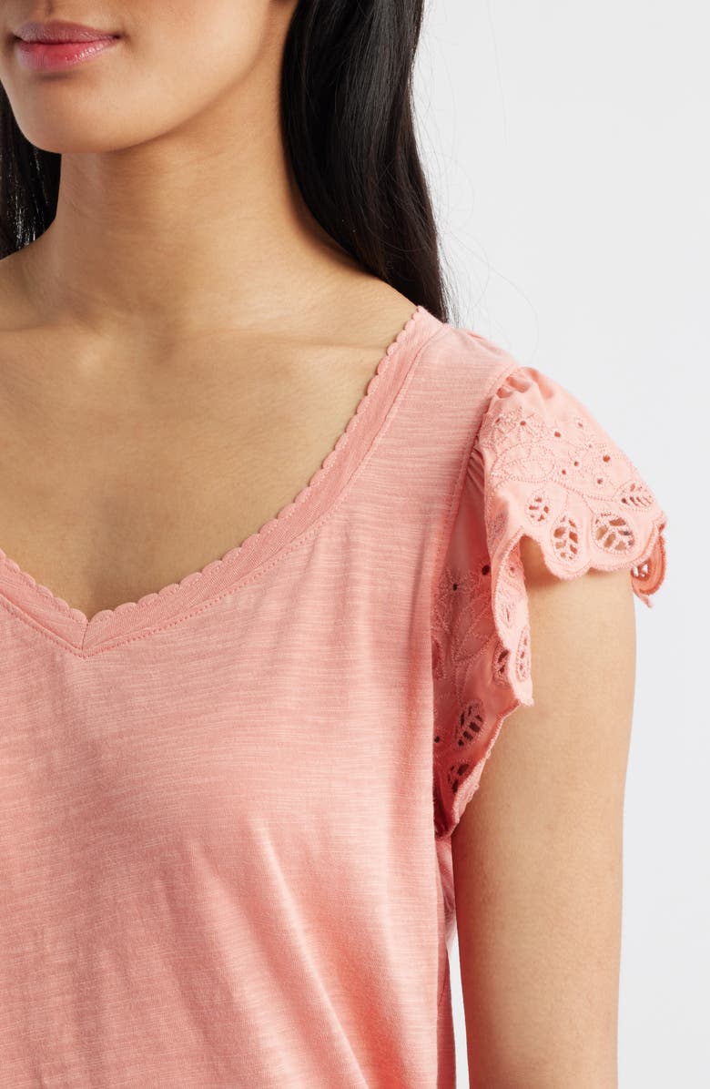 Wit & Wisdom Eyelet Flutter Sleeve Jersey T-Shirt, Alternate, color, Tg-Tangerine