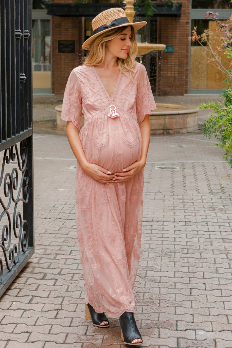 Lace Mesh Overlay Maternity Maxi Dress, Alternate, color, Light Pink