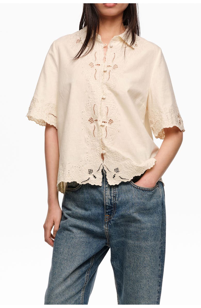 Bimba y Lola Linen Cotton Embroidered Shirt, Main, color, Beige