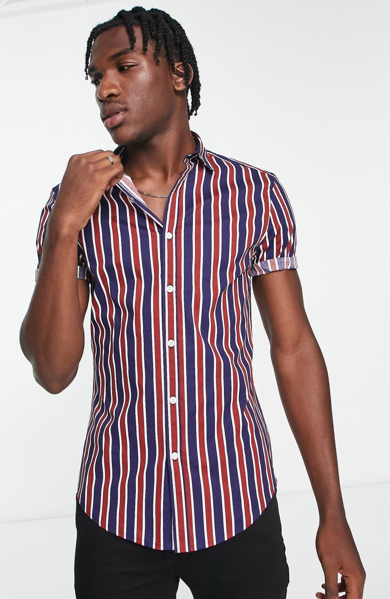 ASOS DESIGN Skinny Fit Stripe Short Sleeve Button-Up Shirt, Main, color, 