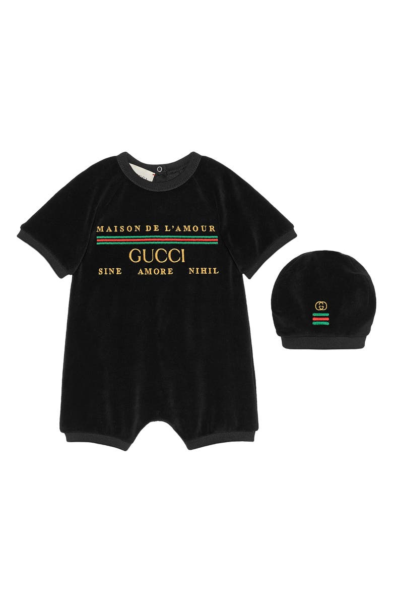 Gucci Embroidered Velour Romper & Hat Set, Main, color, 