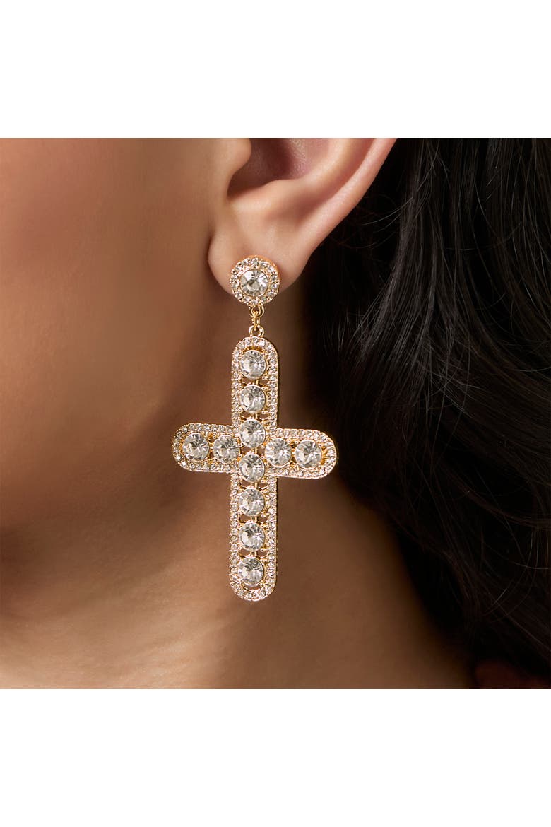 Crystal Cross Drop Earrings, Alternate, color, Gold