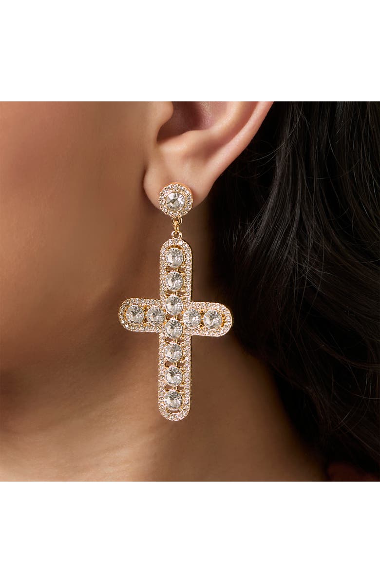 Jessica Simpson Crystal Cross Drop Earrings, Alternate, color, Gold