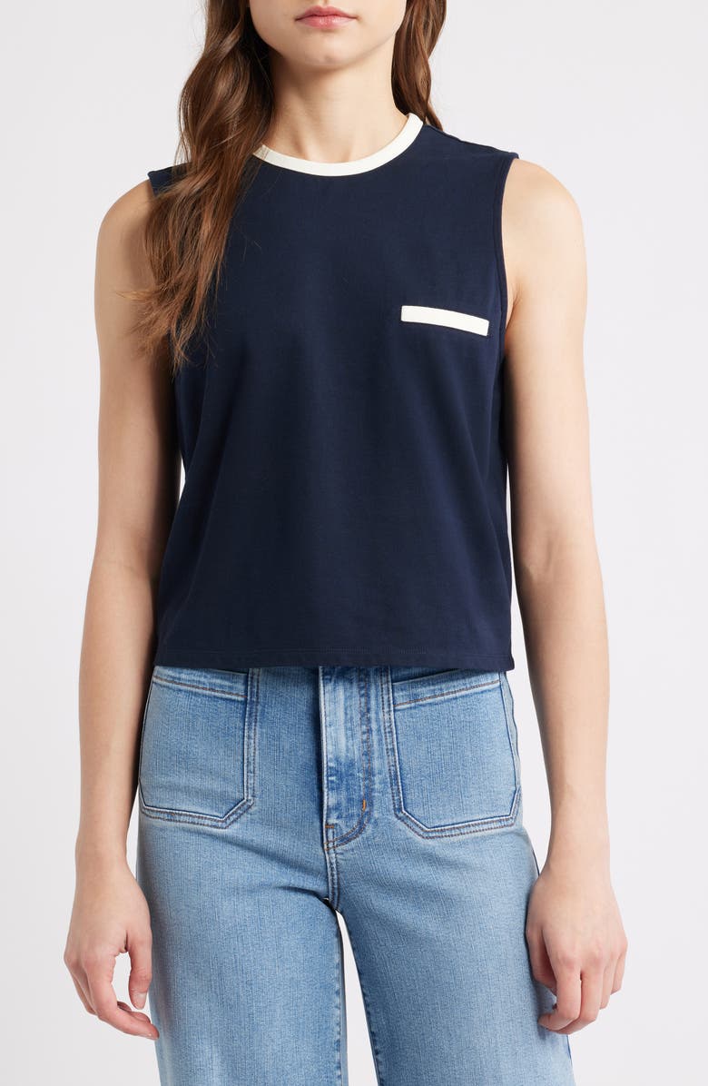 FRAME The Tipped Piqué Pocket Tank, Main, color, Navy Multi