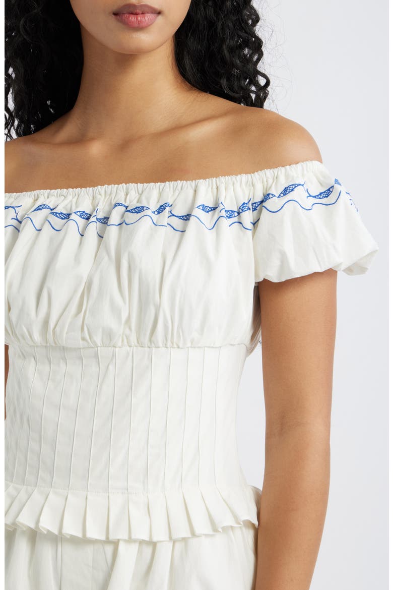 Oia Pleated Off the Shoulder Romper, Alternate, color, WHITE/ BLUE