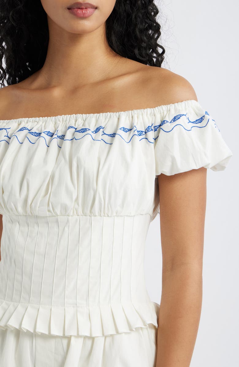 Line & Dot Oia Pleated Off the Shoulder Romper, Alternate, color, White/ Blue