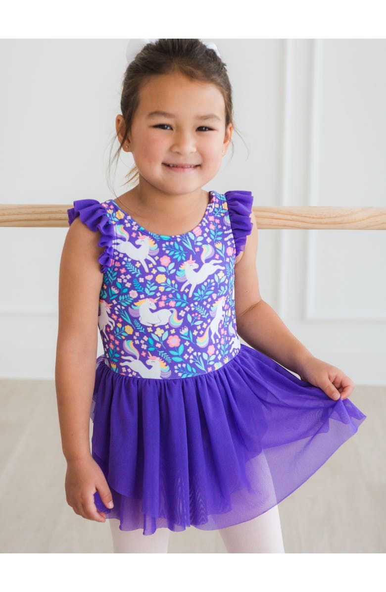 RuffleButts Girls Flutter Sleeve Leotard, Alternate, color, Unicorn Meadow