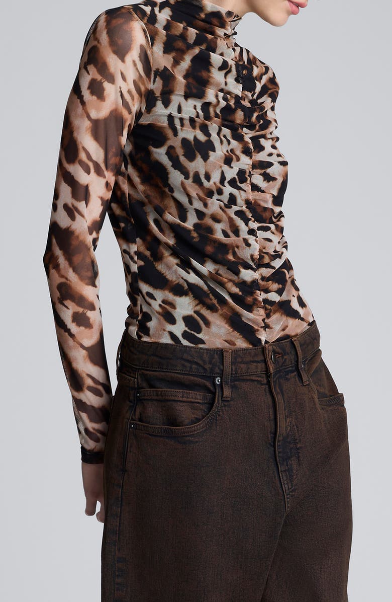 Kenneth Cole Ruched Mesh Funnel Neck Top, Alternate, color, Black Multi