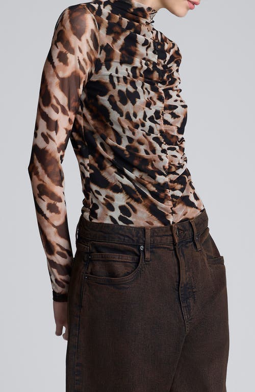 Kenneth Cole Long Sleeve Animal Printed Center Front Turtleneck Knit Ruched Top In Brown