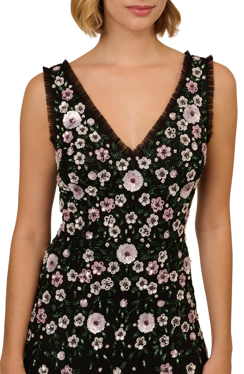 Adrianna Papell Beaded Floral Mesh A-Line Gown, Alternate, color,