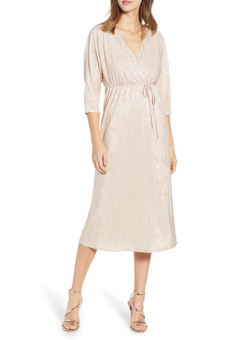 Faux Wrap Midi Dress, Main, color, METALLIC GOLD
