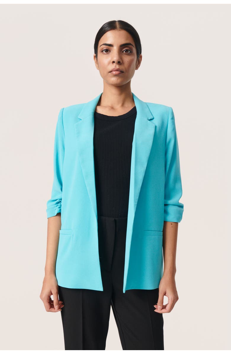 Soaked in Luxury Shirley 3/4 Sleeve Open Front Blazer, Main, color, Sea Jet
