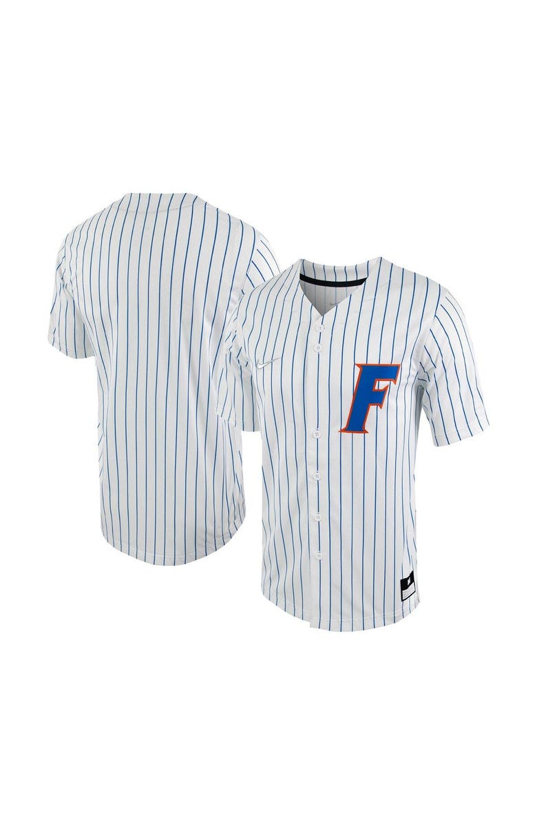 Nike Men's Nike White/Royal Florida Gators Pinstripe Replica Full-Button Baseball Jersey, Main, color, White