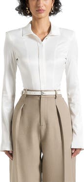 Manière De Voir Louise Wide Shoulder Satin Shirt Bodysuit