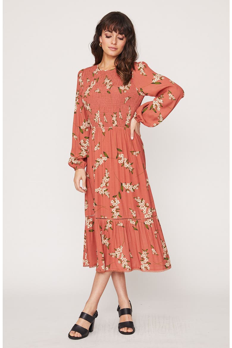 Champagne At the Palace Floral Smocked Long Sleeve Midi Dress, Alternate, color, AMBER MULTI