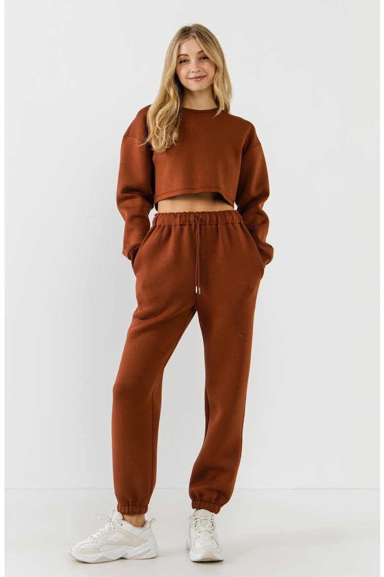 Lounge Wear Crop Crewneck Sweatshirt, Alternate, color, BROWN