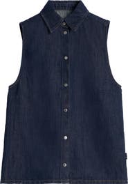 7 For All Mankind Sleeveless Cotton & Linen Denim Snap-Up Shirt