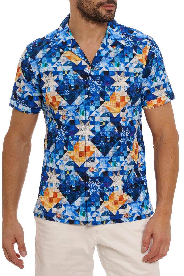 Sashiko Geometric Print Stretch Cotton Camp Shirt, Main, color, BLUE MULTI