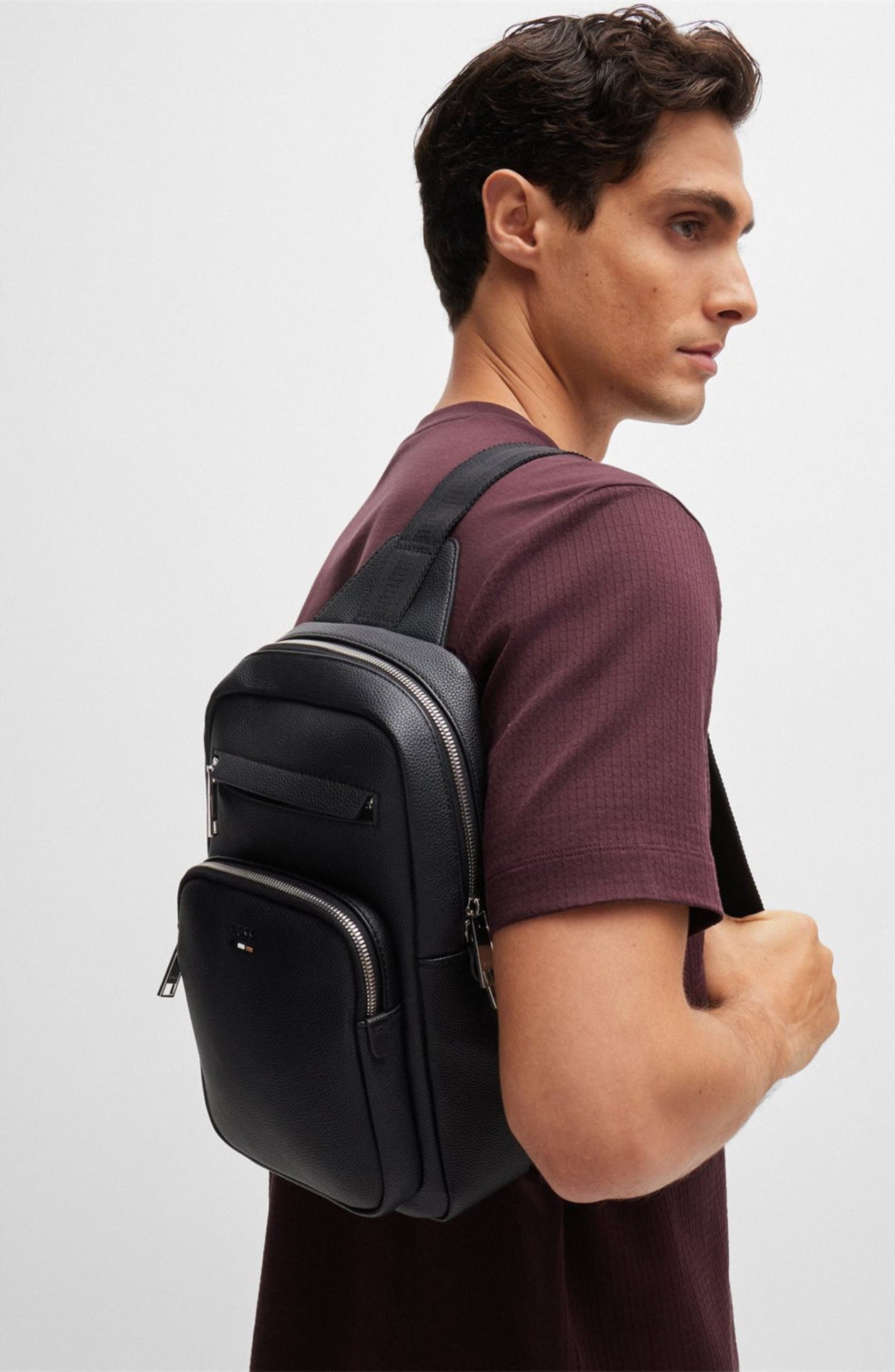 HUGO Ray Faux Leather Sling Bag, Alternate, color, Black