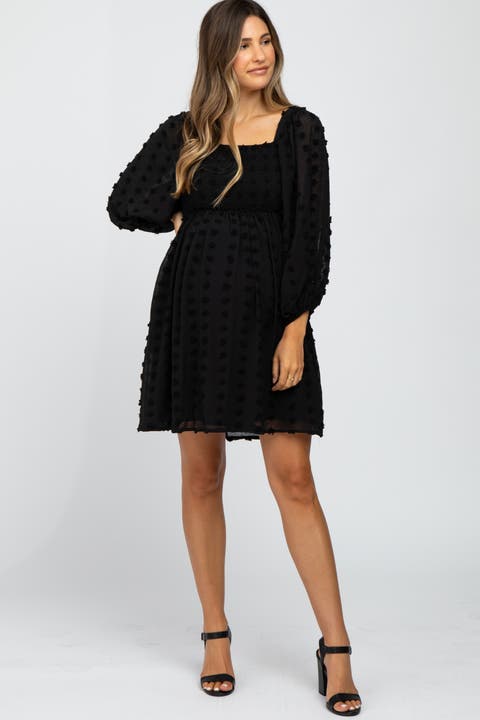 Textured Dot Smocked Square Neck Chiffon Dress