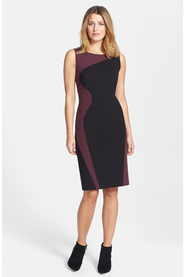 'Wave' Ponte Knit Sheath Dress, Main, color, BLACK- BURGUNDY STEM
