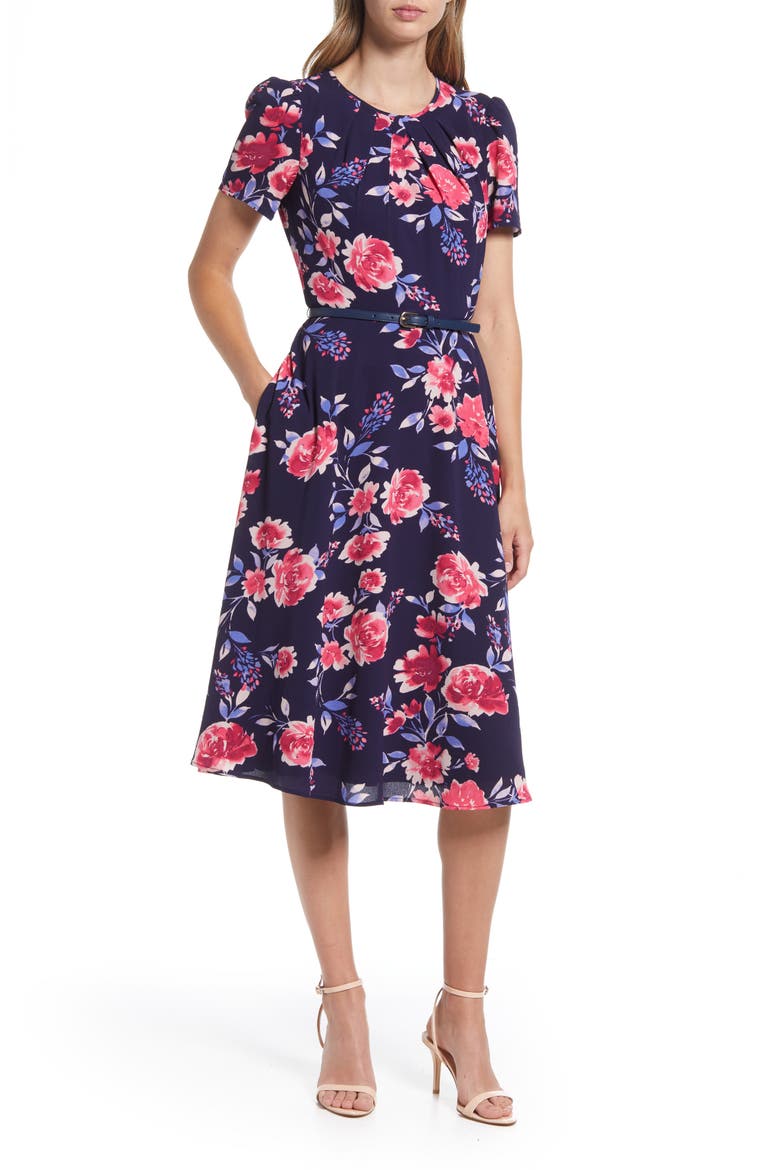 Floral Print Pleated Dress, Main, color, NAVY MULTI