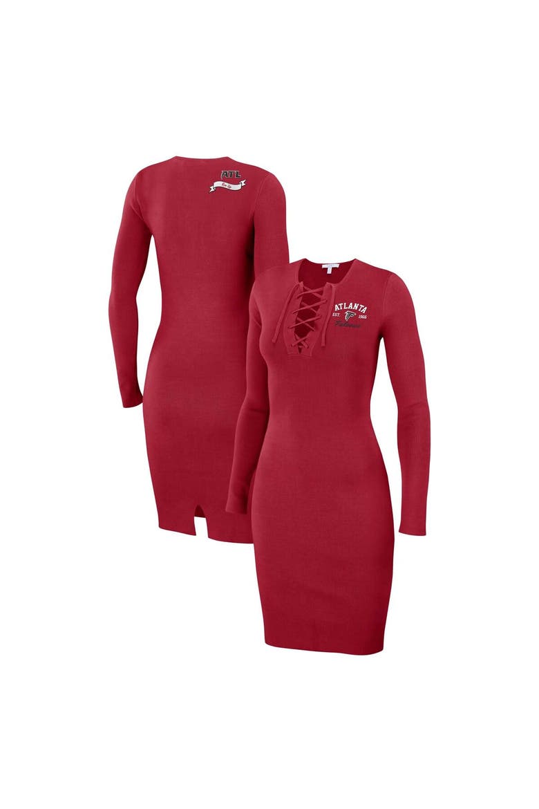 Women's WEAR by Erin Andrews Red Atlanta Falcons Lace Up Long Sleeve Dress, Alternate, color, Red