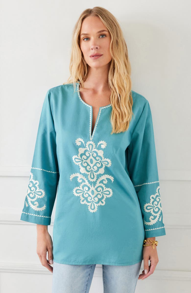 Karen Kane Embroidered Cotton Button-Up Shirt, Alternate, color, Cream-Green