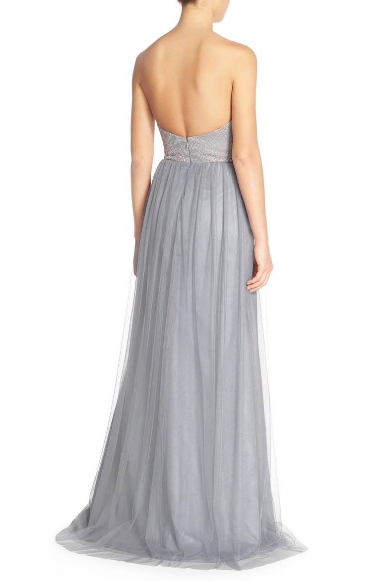 Strapless Metallic Lace & Net Gown, Alternate, color, SILVER/ PEWTER