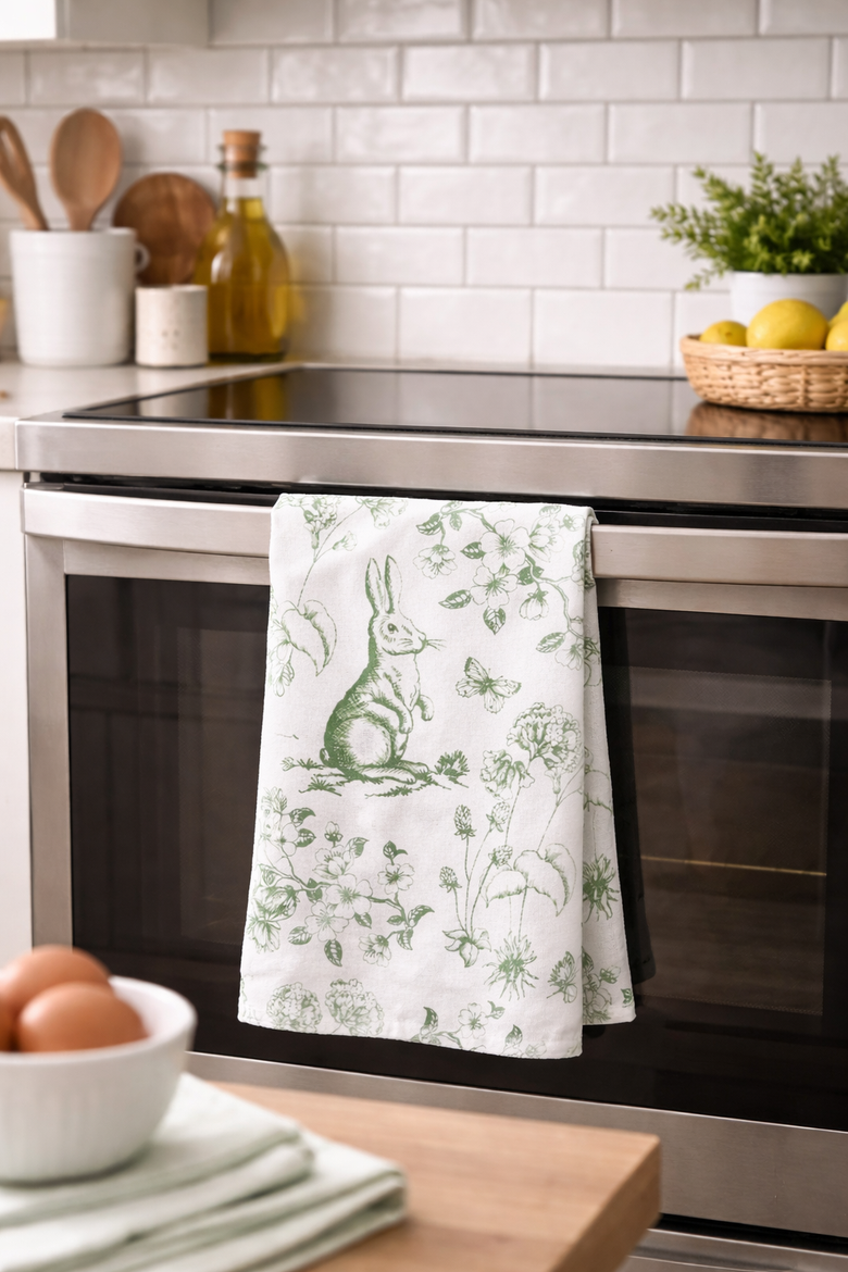 Spring Greens Easter Bunny Toile 100% Cotton Flour Sack Dishtowel, Alternate, color, Green