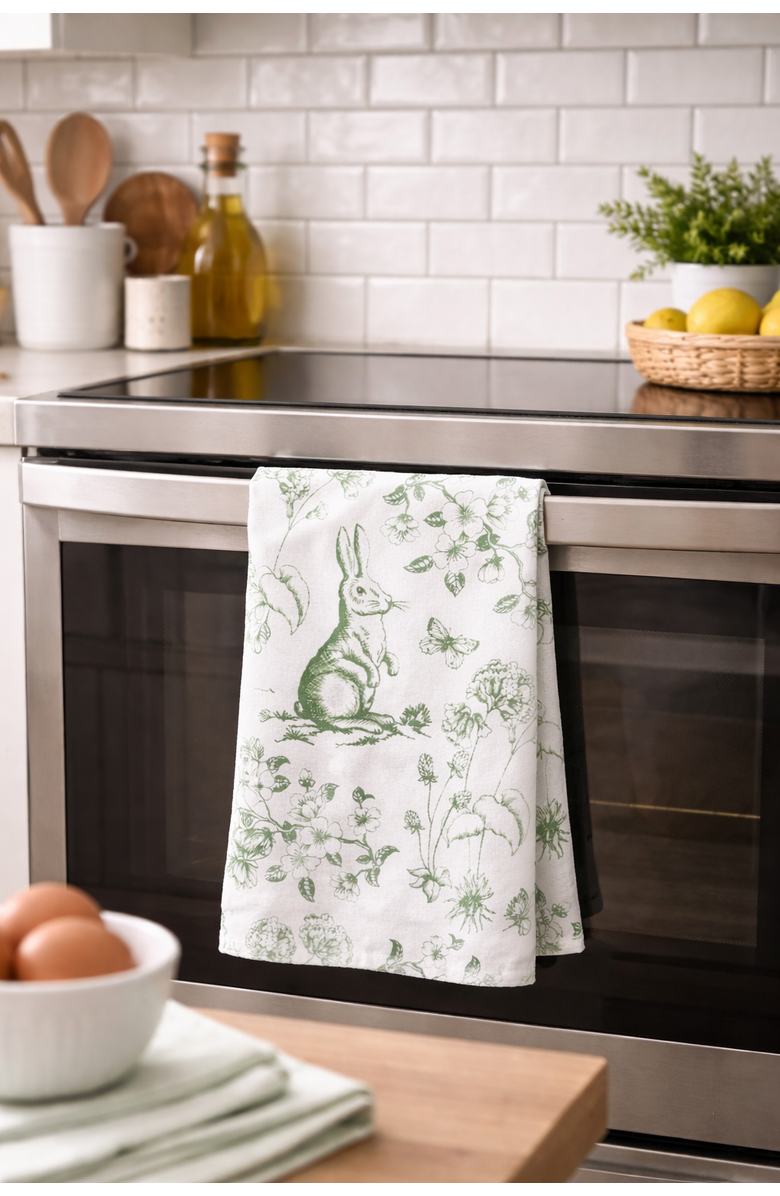 C&F Home Spring Greens Easter Bunny Toile 100% Cotton Flour Sack Dishtowel, Alternate, color, Green
