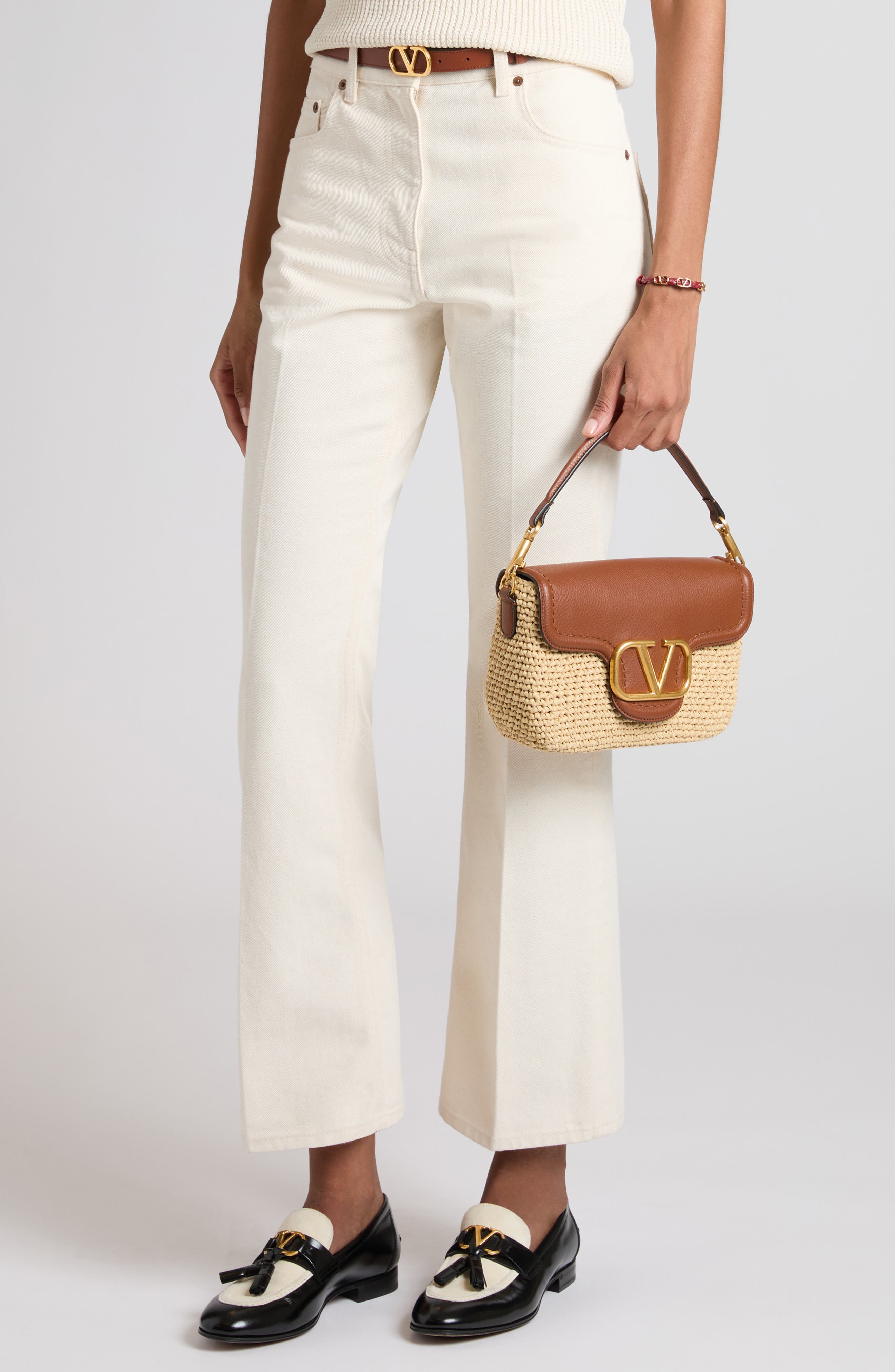 Valentino Garavani VLOGO Alltime Crochet Raffia & Leather Shoulder Bag, Alternate, color, Natural Multi