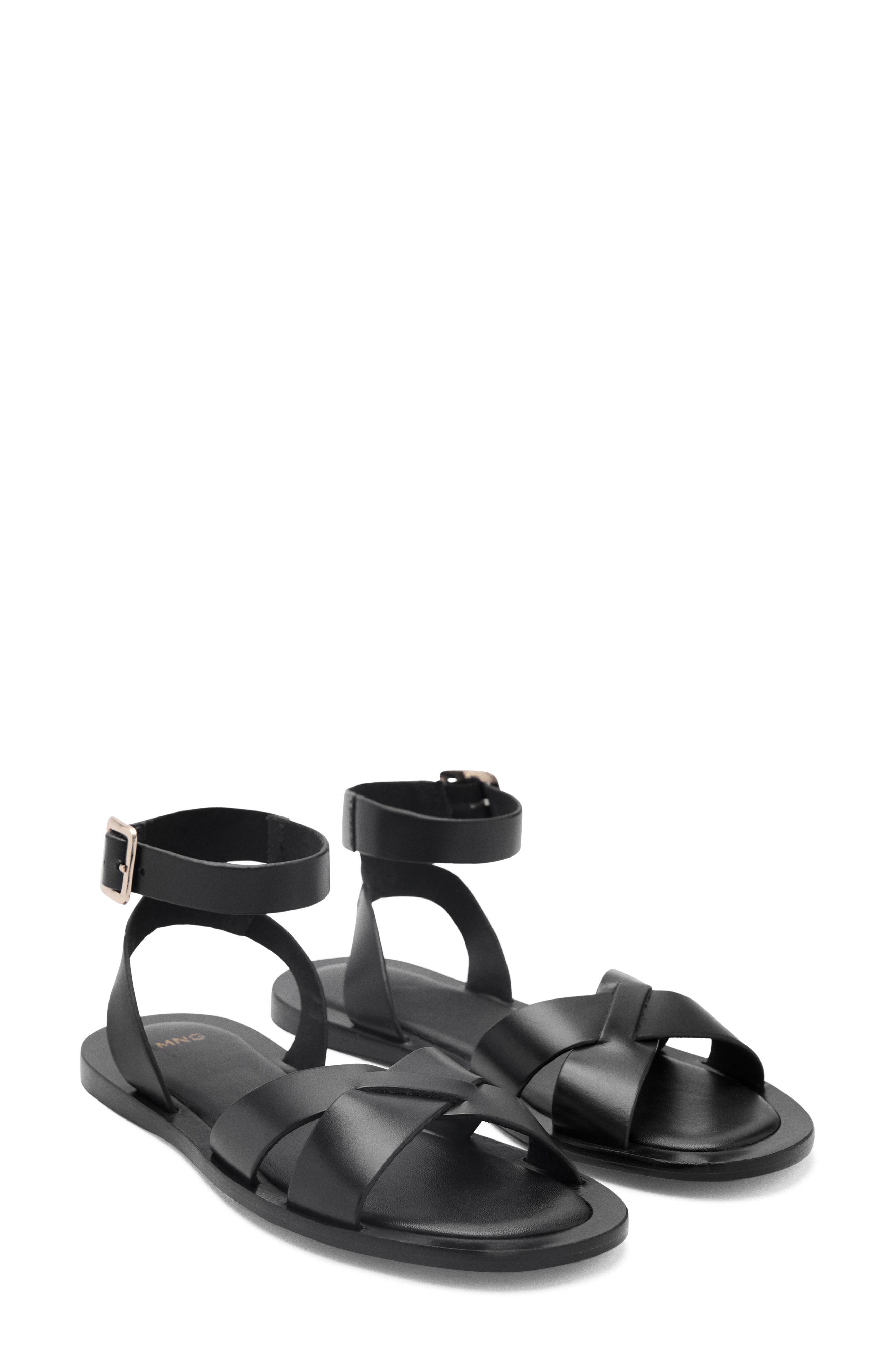 MANGO Ankle Strap Leather Sandal, Main, color, Black