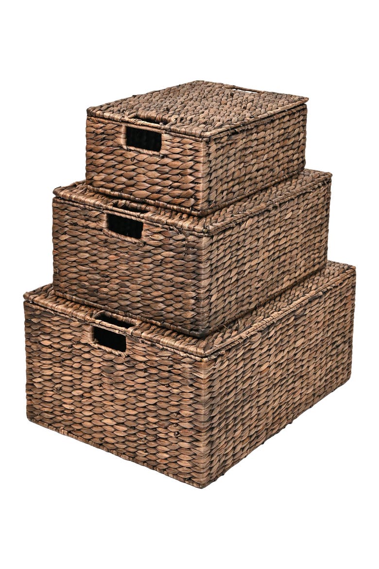 Brooks Classic Farmhouse Woven Hyacinth Rectangular Storage Baskets with Lids and Handles, Alternate, color, Brown