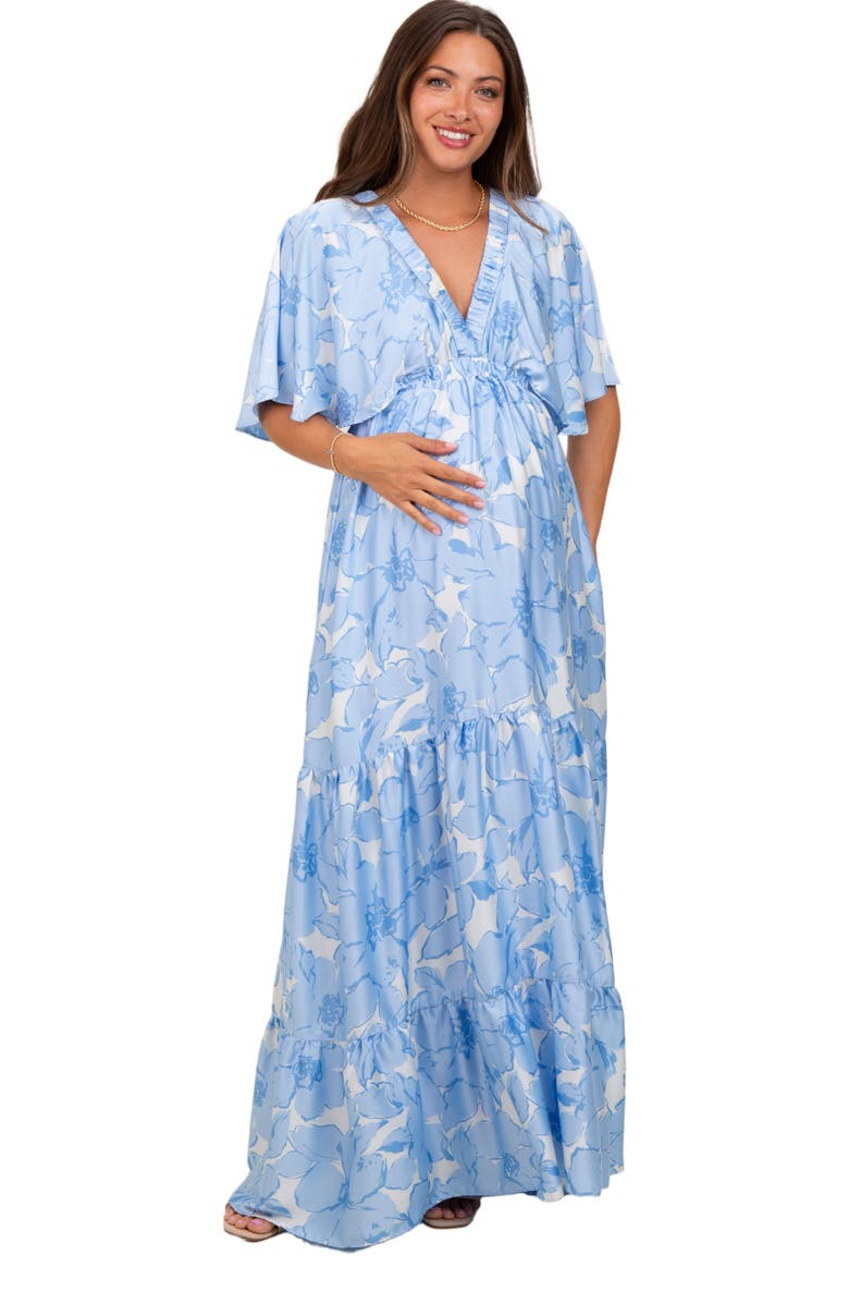 PinkBlush Floral Short Sleep Deep V-Neck Tiered Maxi Dress, Main, color, Light Blue